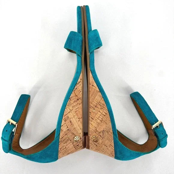 Tory Burch Teal Blue Suede Cork Wedge Sandals Ankle Strap Gold Logo Sz 10M - Picture 3 of 6